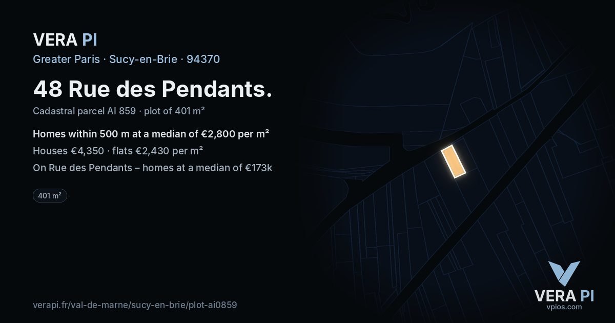 48 Rue des Pendants, Sucy-en-Brie at night – the plot lit, the parcels around coloured by the prices near them