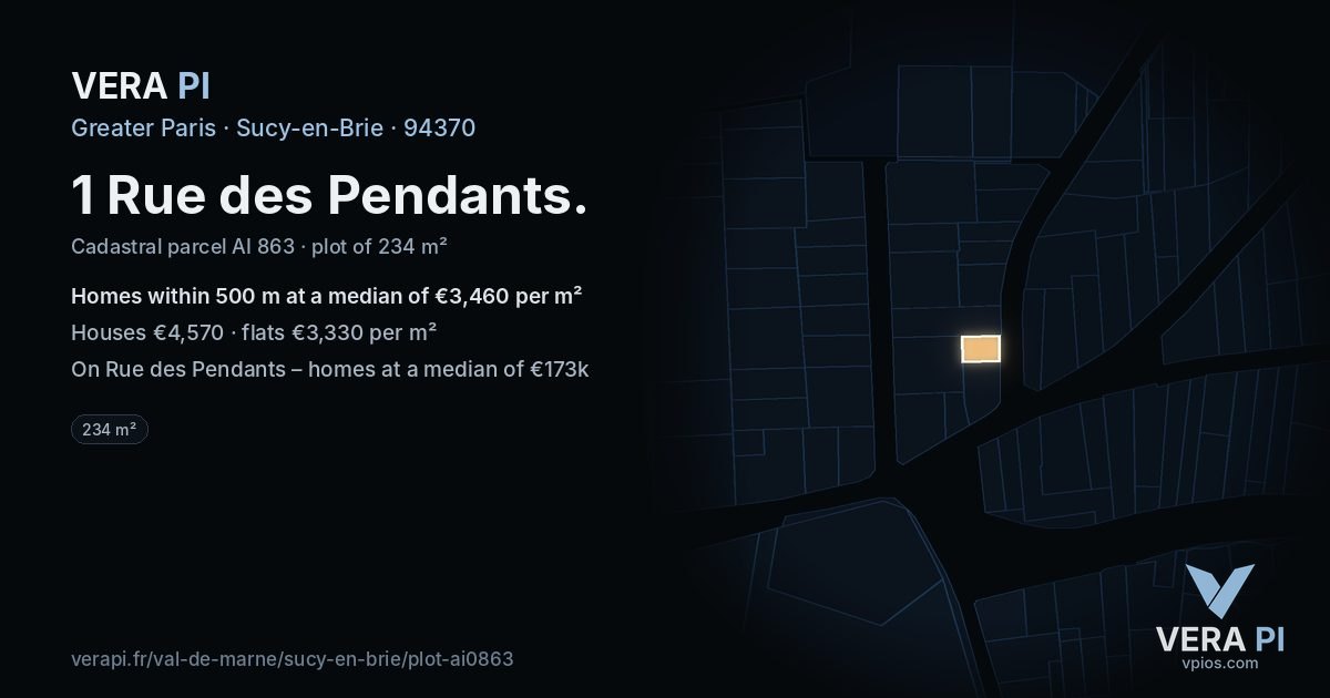 1 Rue des Pendants, Sucy-en-Brie at night – the plot lit, the parcels around coloured by the prices near them