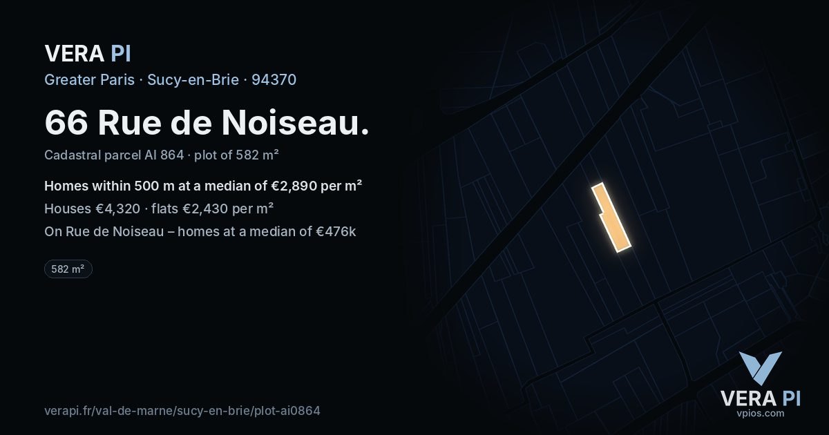 66 Rue de Noiseau, Sucy-en-Brie at night – the plot lit, the parcels around coloured by the prices near them