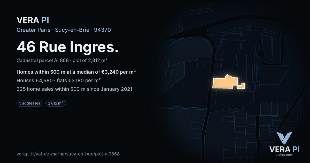 46 Rue Ingres, Sucy-en-Brie at night – the plot lit, the parcels around coloured by the prices near them