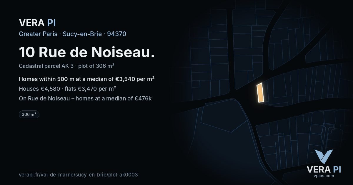10 Rue de Noiseau, Sucy-en-Brie at night – the plot lit, the parcels around coloured by the prices near them