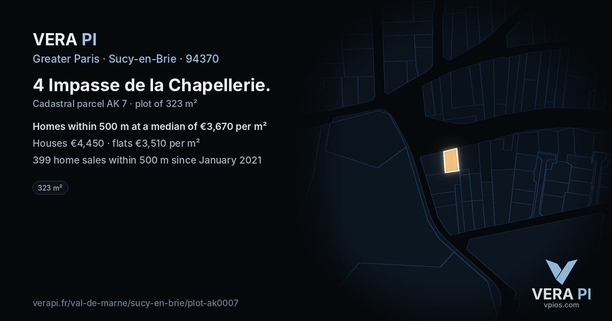 4 Impasse de la Chapellerie, Sucy-en-Brie at night – the plot lit, the parcels around coloured by the prices near them