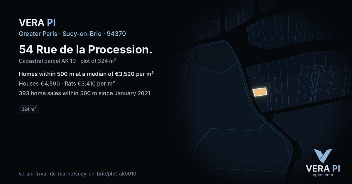 54 Rue de la Procession, Sucy-en-Brie at night – the plot lit, the parcels around coloured by the prices near them