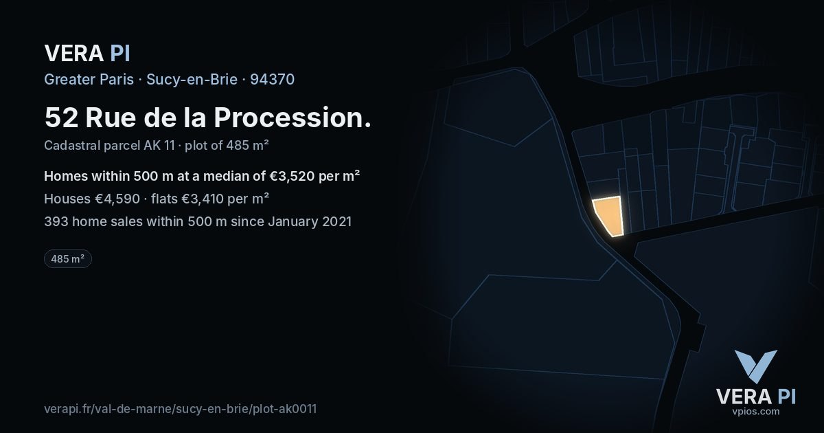 52 Rue de la Procession, Sucy-en-Brie at night – the plot lit, the parcels around coloured by the prices near them