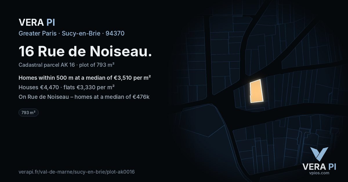 16 Rue de Noiseau, Sucy-en-Brie at night – the plot lit, the parcels around coloured by the prices near them