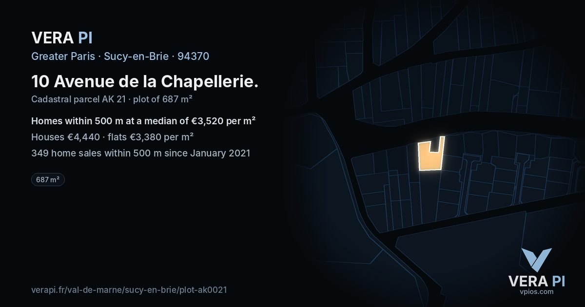 10 Avenue de la Chapellerie, Sucy-en-Brie at night – the plot lit, the parcels around coloured by the prices near them