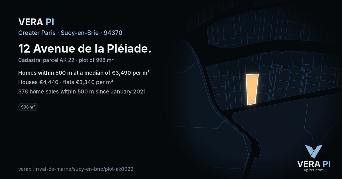 12 Avenue de la Pléiade, Sucy-en-Brie at night – the plot lit, the parcels around coloured by the prices near them
