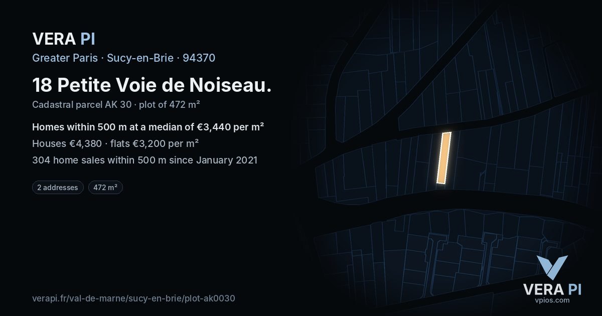 18 Petite Voie de Noiseau, Sucy-en-Brie at night – the plot lit, the parcels around coloured by the prices near them