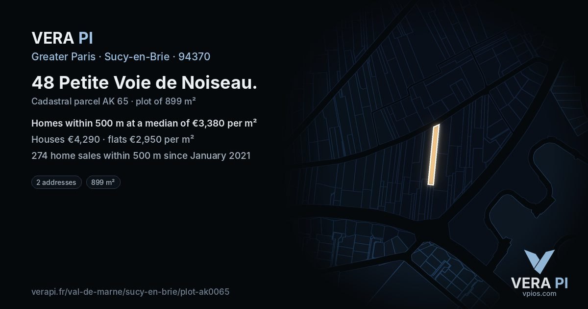 48 Petite Voie de Noiseau, Sucy-en-Brie at night – the plot lit, the parcels around coloured by the prices near them