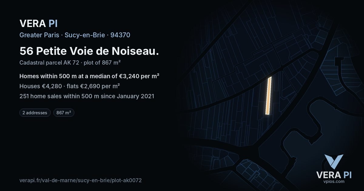 56 Petite Voie de Noiseau, Sucy-en-Brie at night – the plot lit, the parcels around coloured by the prices near them