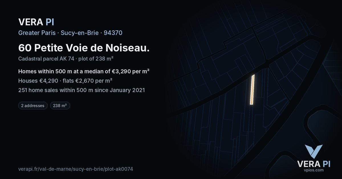 60 Petite Voie de Noiseau, Sucy-en-Brie at night – the plot lit, the parcels around coloured by the prices near them