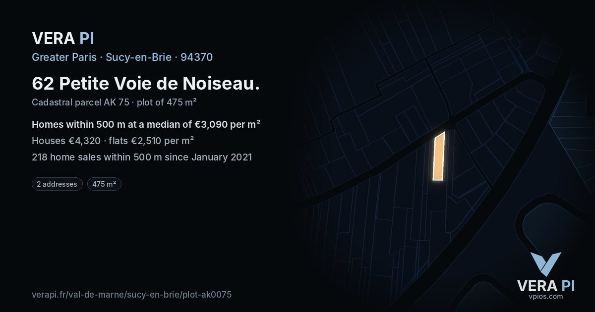 62 Petite Voie de Noiseau, Sucy-en-Brie at night – the plot lit, the parcels around coloured by the prices near them