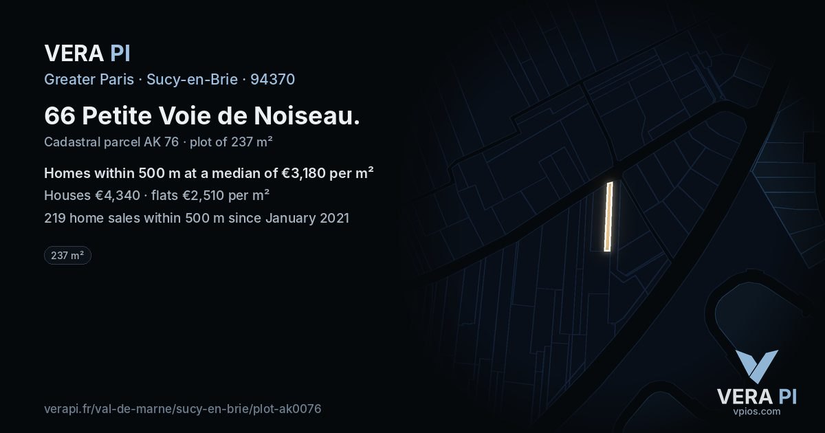 66 Petite Voie de Noiseau, Sucy-en-Brie at night – the plot lit, the parcels around coloured by the prices near them