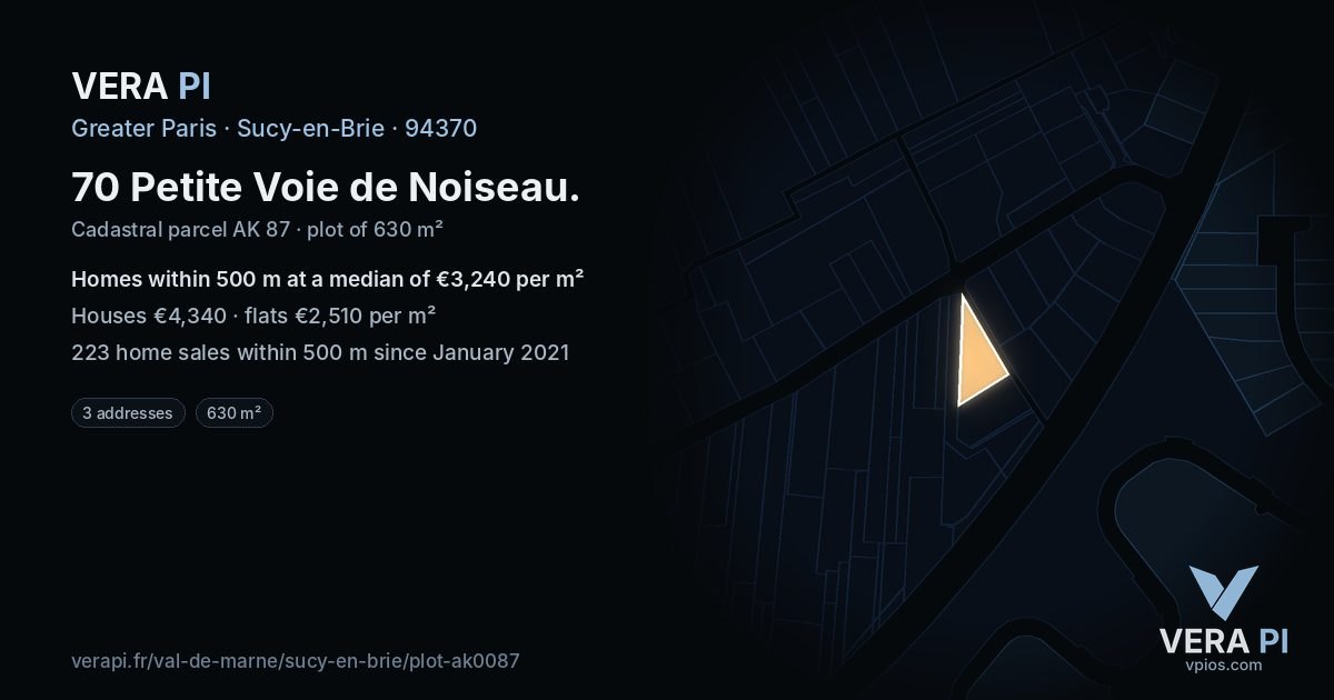70 Petite Voie de Noiseau, Sucy-en-Brie at night – the plot lit, the parcels around coloured by the prices near them