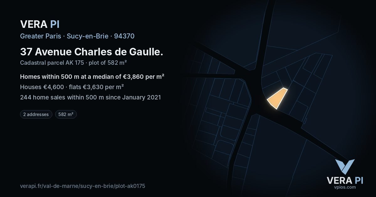 37 Avenue Charles de Gaulle, Sucy-en-Brie at night – the plot lit, the parcels around coloured by the prices near them