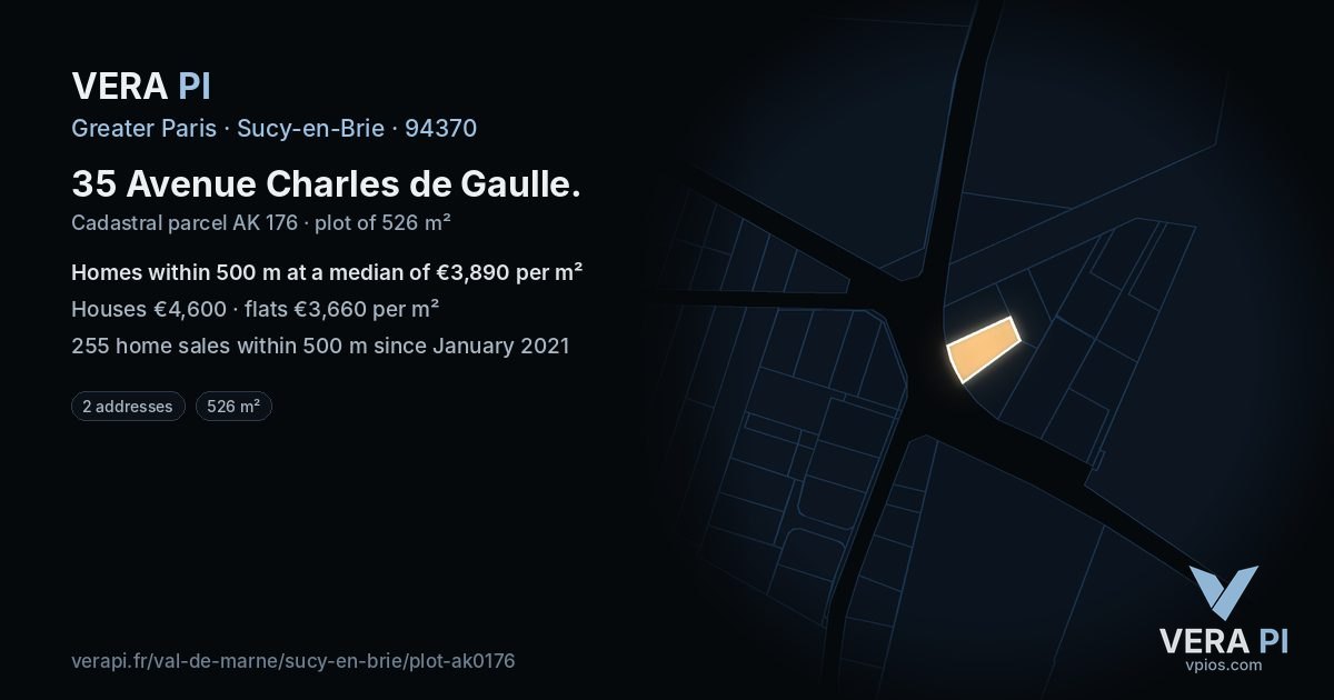 35 Avenue Charles de Gaulle, Sucy-en-Brie at night – the plot lit, the parcels around coloured by the prices near them