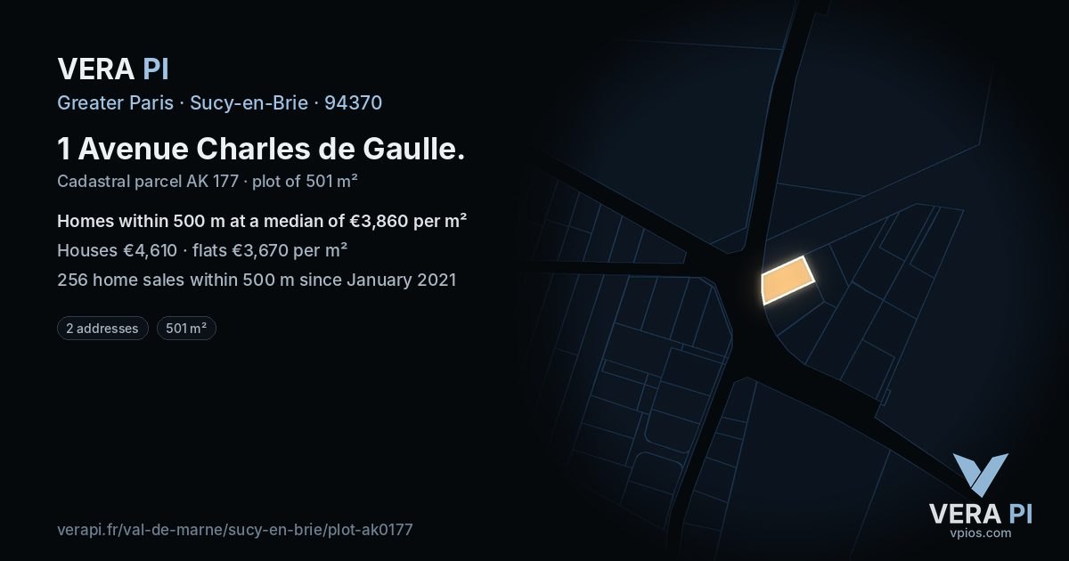 1 Avenue Charles de Gaulle, Sucy-en-Brie at night – the plot lit, the parcels around coloured by the prices near them