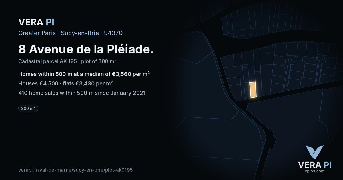 8 Avenue de la Pléiade, Sucy-en-Brie at night – the plot lit, the parcels around coloured by the prices near them