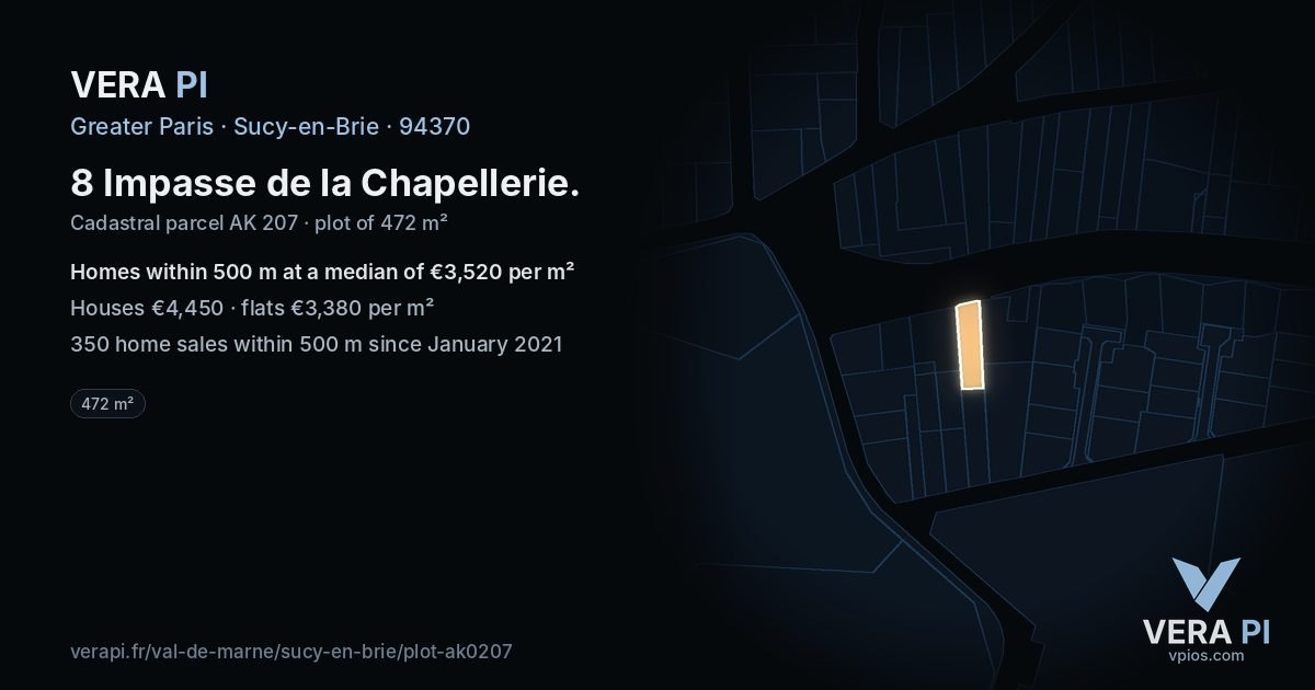 8 Impasse de la Chapellerie, Sucy-en-Brie at night – the plot lit, the parcels around coloured by the prices near them