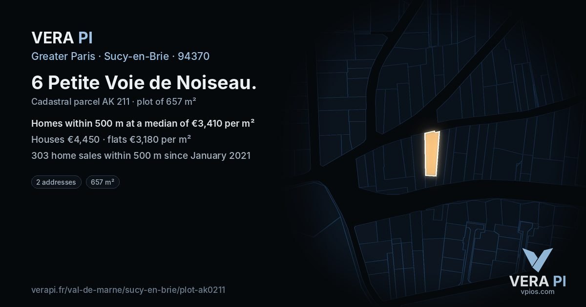 6 Petite Voie de Noiseau, Sucy-en-Brie at night – the plot lit, the parcels around coloured by the prices near them