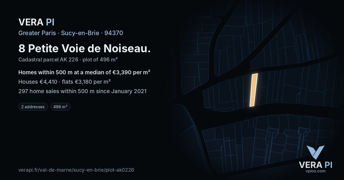 8 Petite Voie de Noiseau, Sucy-en-Brie at night – the plot lit, the parcels around coloured by the prices near them