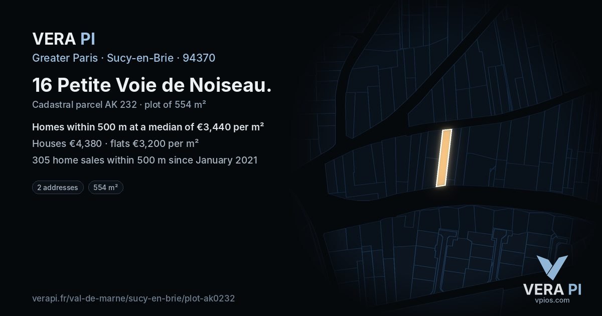 16 Petite Voie de Noiseau, Sucy-en-Brie at night – the plot lit, the parcels around coloured by the prices near them