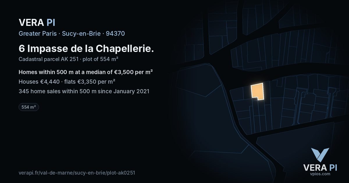 6 Impasse de la Chapellerie, Sucy-en-Brie at night – the plot lit, the parcels around coloured by the prices near them