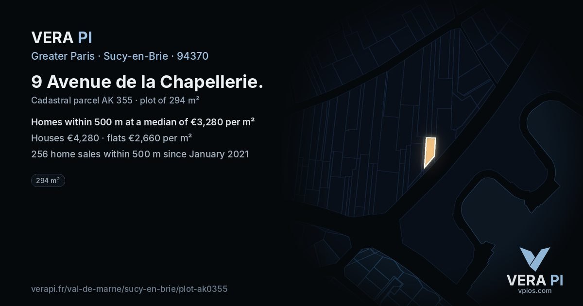 9 Avenue de la Chapellerie, Sucy-en-Brie at night – the plot lit, the parcels around coloured by the prices near them