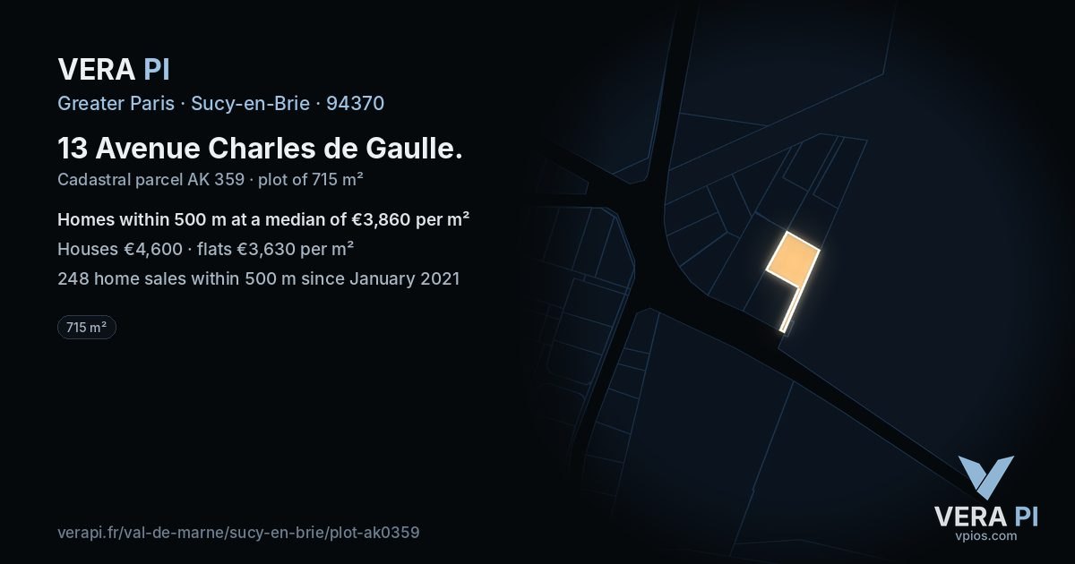 13 Avenue Charles de Gaulle, Sucy-en-Brie at night – the plot lit, the parcels around coloured by the prices near them
