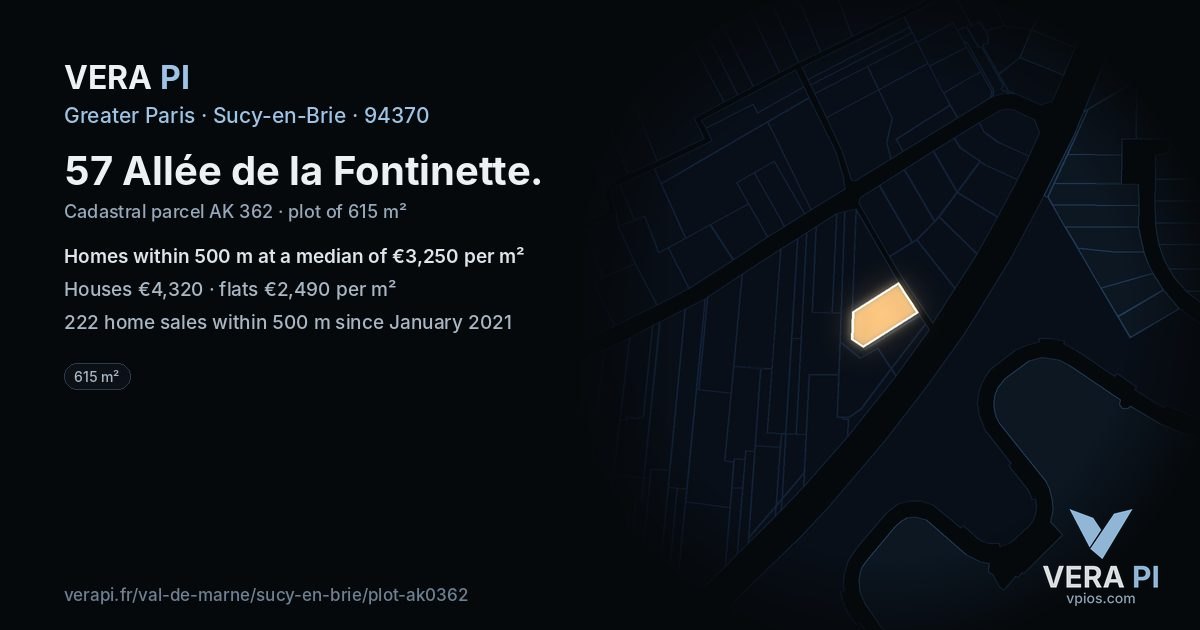 57 Allée de la Fontinette, Sucy-en-Brie at night – the plot lit, the parcels around coloured by the prices near them