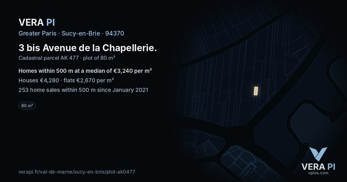 3 bis Avenue de la Chapellerie, Sucy-en-Brie at night – the plot lit, the parcels around coloured by the prices near them