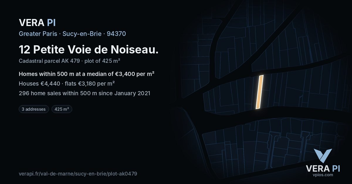12 Petite Voie de Noiseau, Sucy-en-Brie at night – the plot lit, the parcels around coloured by the prices near them