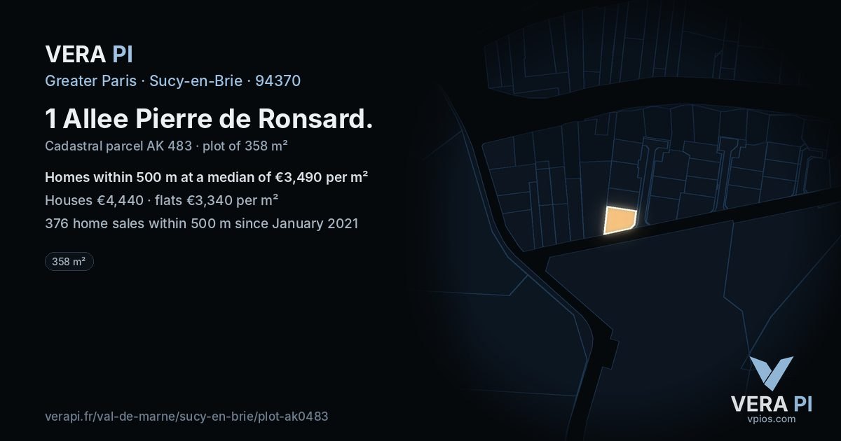 1 Allee Pierre de Ronsard, Sucy-en-Brie at night – the plot lit, the parcels around coloured by the prices near them
