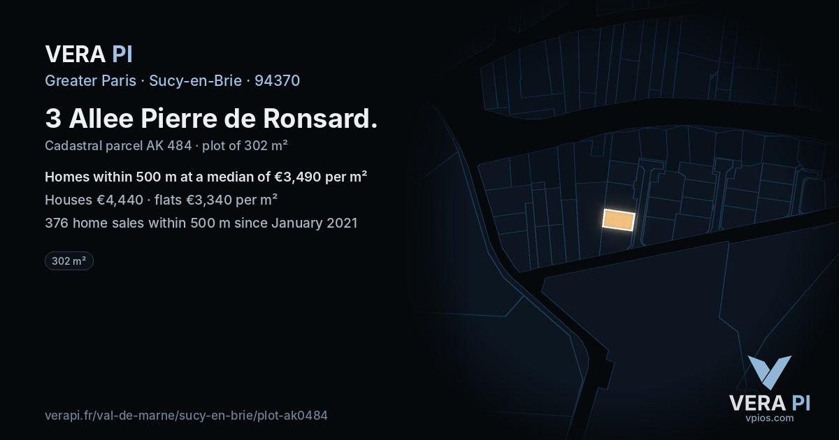 3 Allee Pierre de Ronsard, Sucy-en-Brie at night – the plot lit, the parcels around coloured by the prices near them