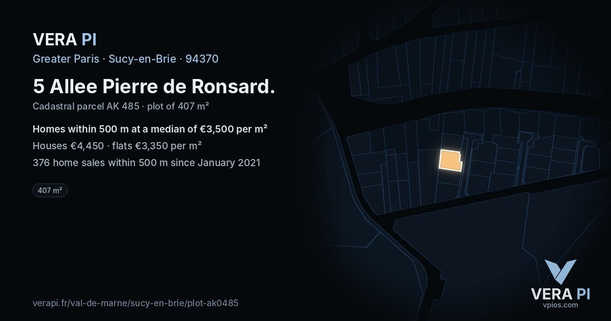 5 Allee Pierre de Ronsard, Sucy-en-Brie at night – the plot lit, the parcels around coloured by the prices near them