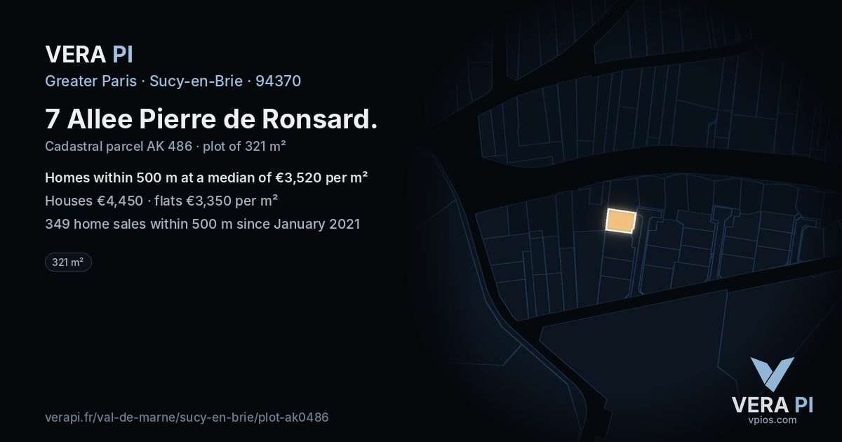 7 Allee Pierre de Ronsard, Sucy-en-Brie at night – the plot lit, the parcels around coloured by the prices near them