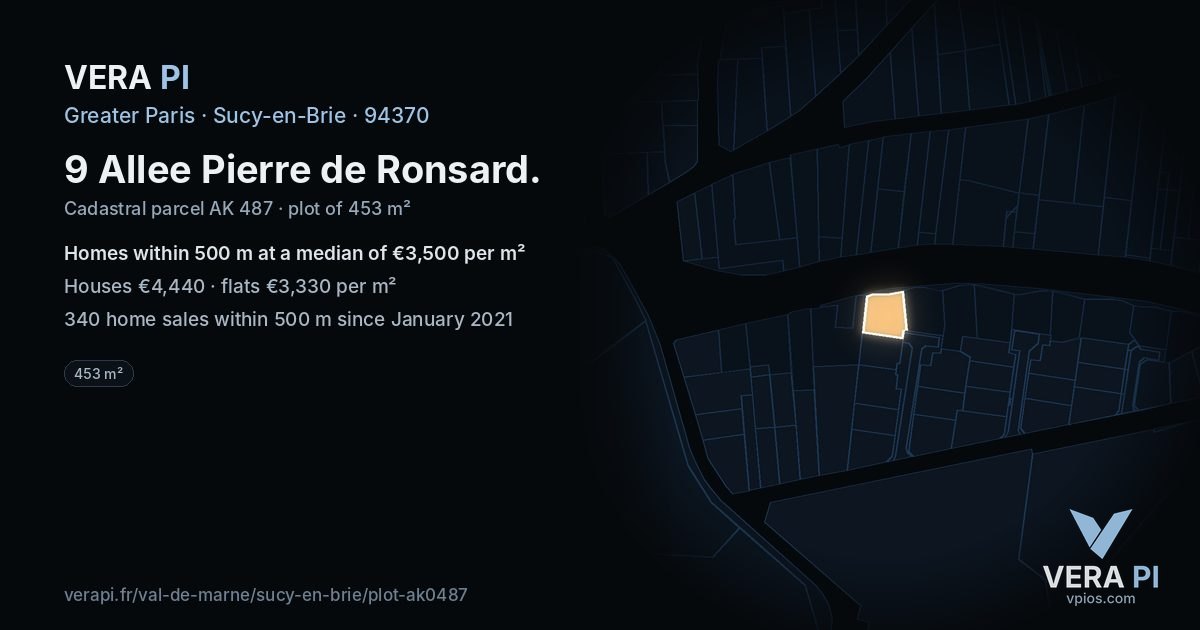 9 Allee Pierre de Ronsard, Sucy-en-Brie at night – the plot lit, the parcels around coloured by the prices near them