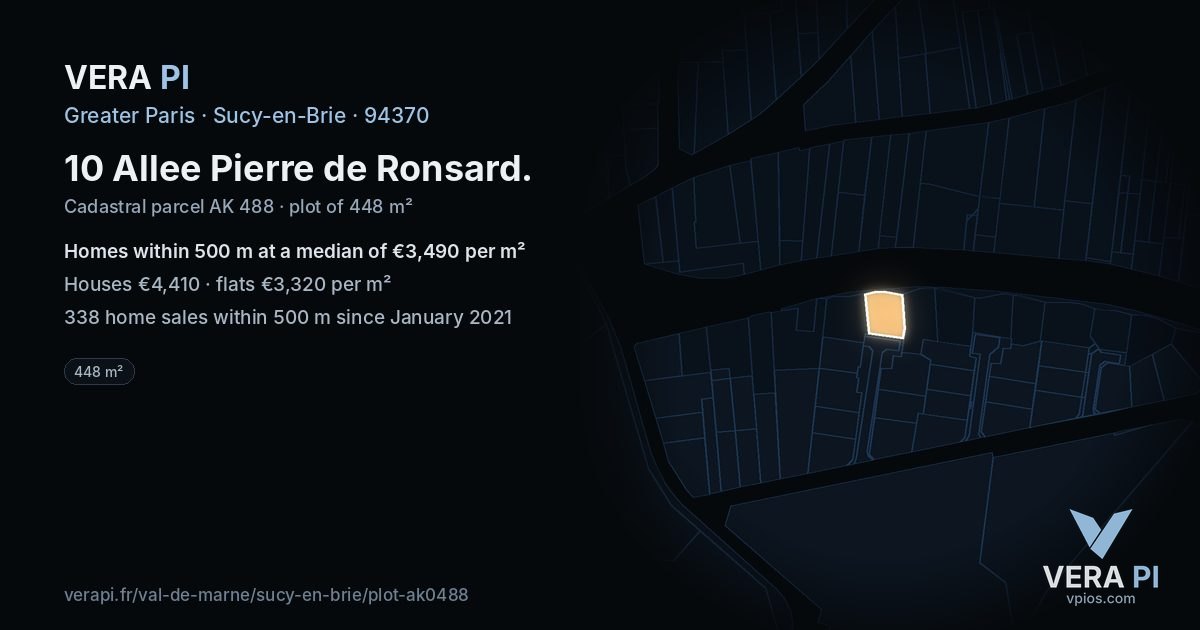 10 Allee Pierre de Ronsard, Sucy-en-Brie at night – the plot lit, the parcels around coloured by the prices near them