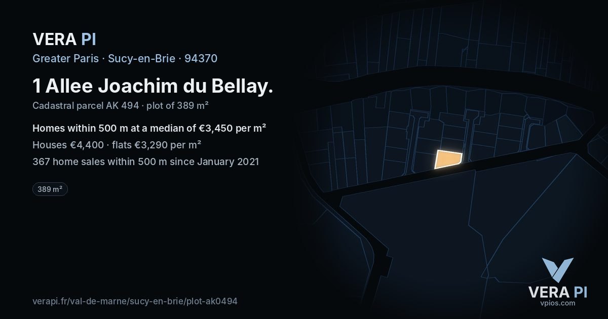 1 Allee Joachim du Bellay, Sucy-en-Brie at night – the plot lit, the parcels around coloured by the prices near them
