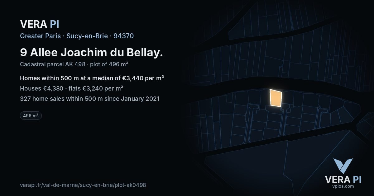 9 Allee Joachim du Bellay, Sucy-en-Brie at night – the plot lit, the parcels around coloured by the prices near them