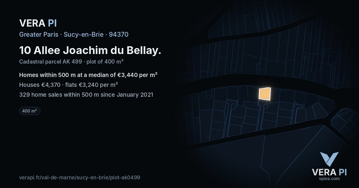 10 Allee Joachim du Bellay, Sucy-en-Brie at night – the plot lit, the parcels around coloured by the prices near them