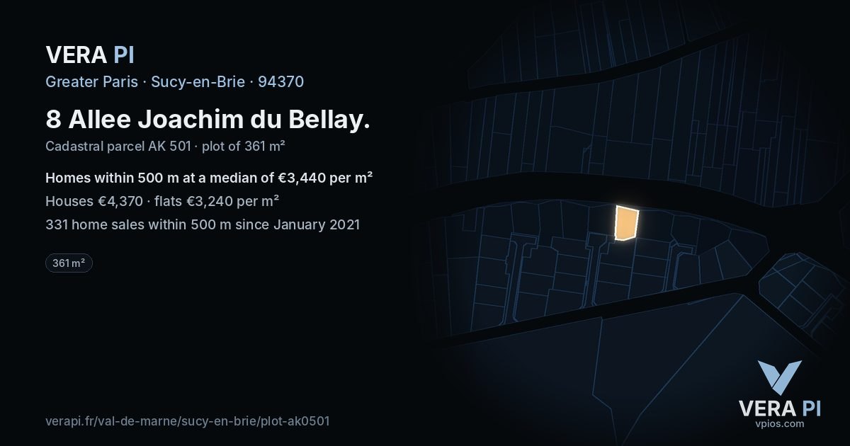 8 Allee Joachim du Bellay, Sucy-en-Brie at night – the plot lit, the parcels around coloured by the prices near them