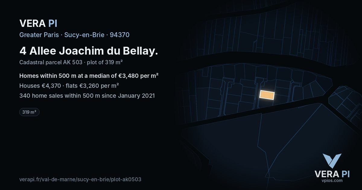 4 Allee Joachim du Bellay, Sucy-en-Brie at night – the plot lit, the parcels around coloured by the prices near them