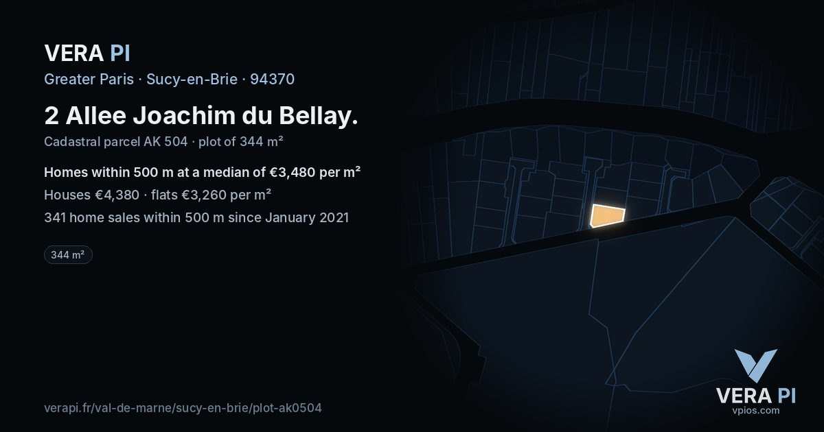 2 Allee Joachim du Bellay, Sucy-en-Brie at night – the plot lit, the parcels around coloured by the prices near them
