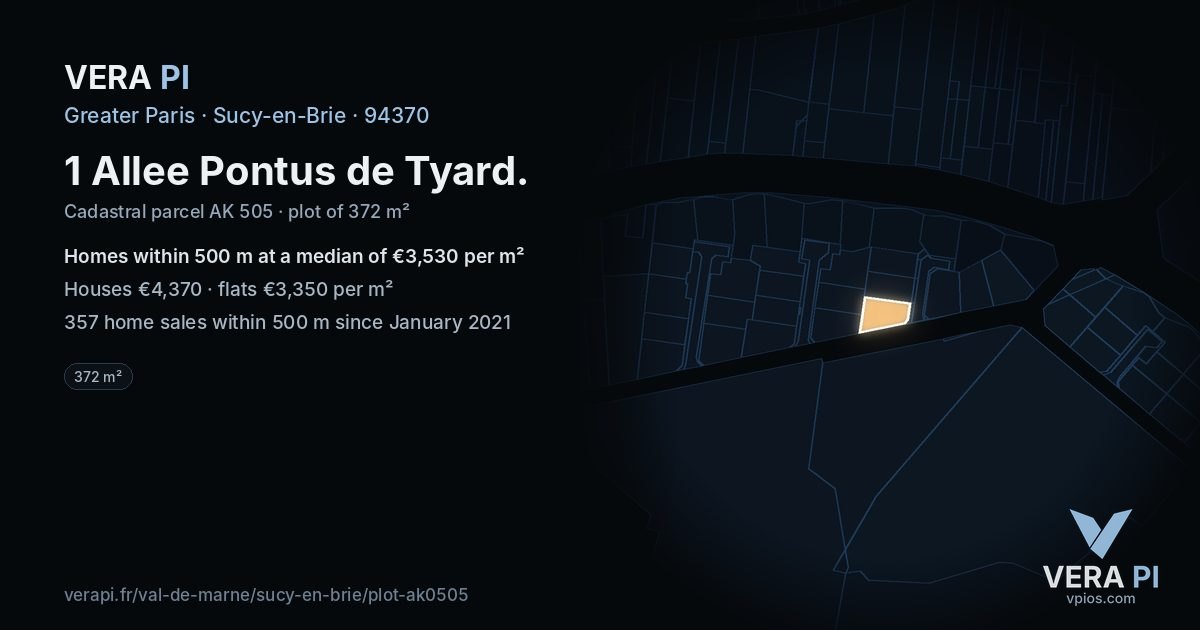 1 Allee Pontus de Tyard, Sucy-en-Brie at night – the plot lit, the parcels around coloured by the prices near them