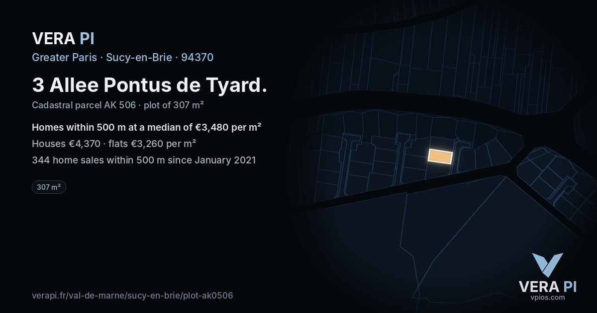 3 Allee Pontus de Tyard, Sucy-en-Brie at night – the plot lit, the parcels around coloured by the prices near them