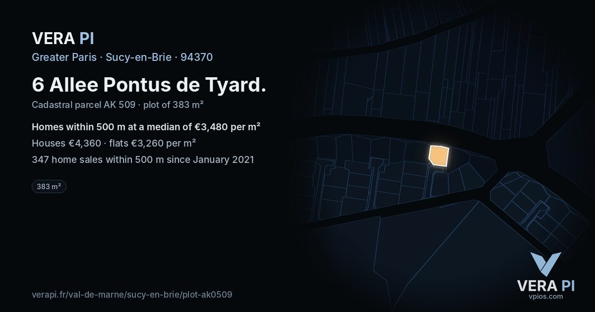 6 Allee Pontus de Tyard, Sucy-en-Brie at night – the plot lit, the parcels around coloured by the prices near them