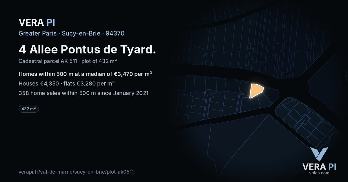 4 Allee Pontus de Tyard, Sucy-en-Brie at night – the plot lit, the parcels around coloured by the prices near them