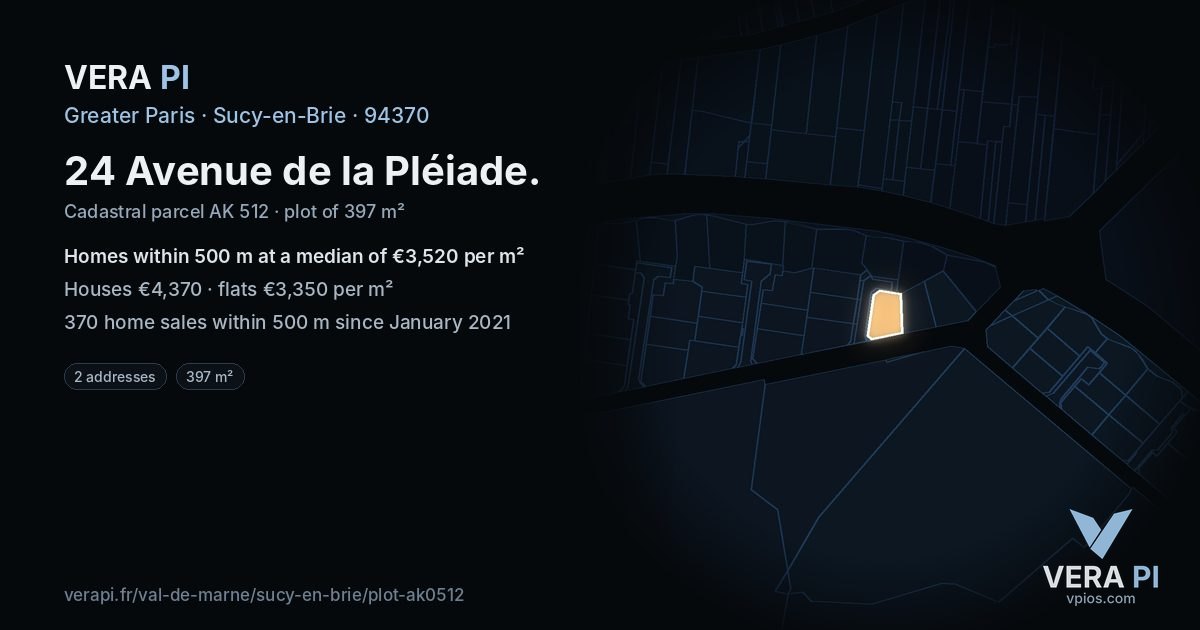 24 Avenue de la Pléiade, Sucy-en-Brie at night – the plot lit, the parcels around coloured by the prices near them