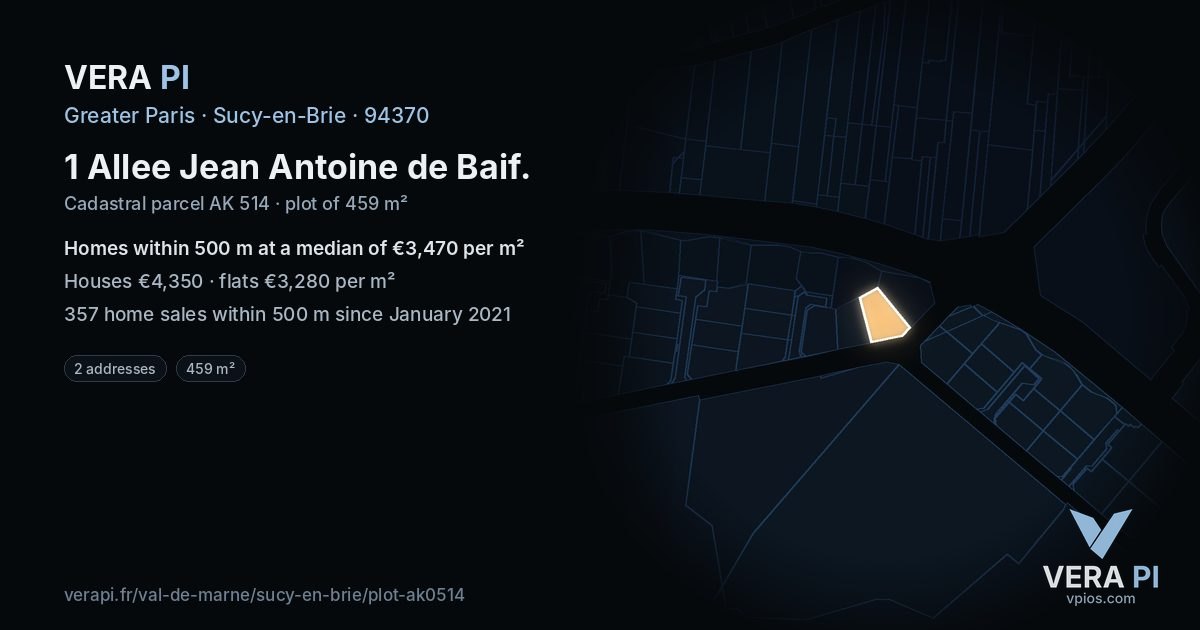 1 Allee Jean Antoine de Baif, Sucy-en-Brie at night – the plot lit, the parcels around coloured by the prices near them